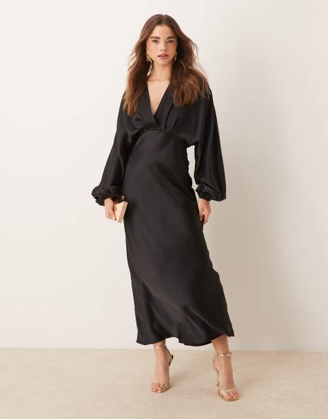 Gina Tricot - Vestito lungo in raso nero con maniche voluminose e scollo a V - view 1