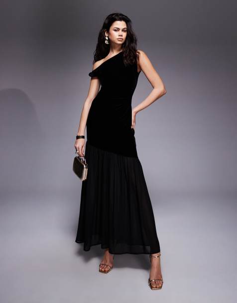 Gina Tricot - Vestito lungo in velluto nero con spallina scesa attorcigliata e gonna in rete - view 1