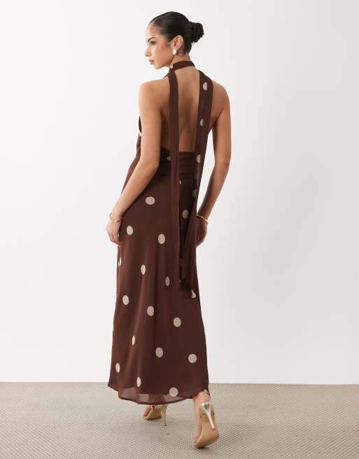 Gina Tricot - Vestito lungo marrone a pois con scollo a sciarpa, 4 di 4