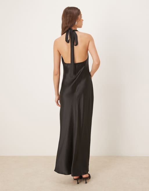 Gina Tricot - Vestito lungo nero in raso allacciato al collo, 3 di 4