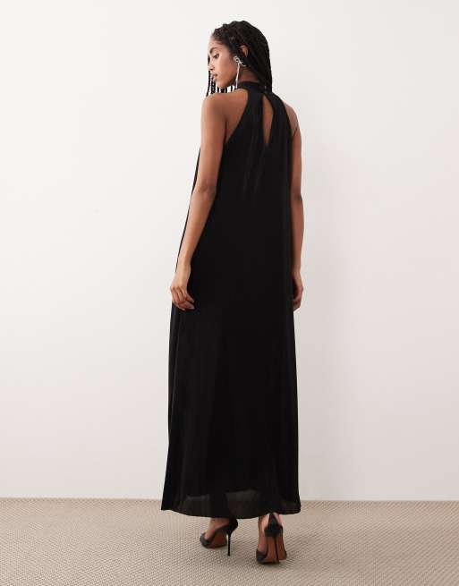 Gina Tricot - Vestito lungo svasato nero allacciato al collo, 4 di 4