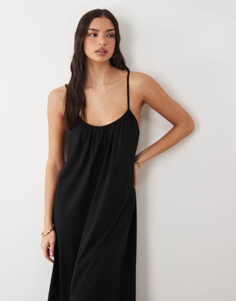 Gina Tricot - Vestito lungo vaporoso nero in puro cotone con spalline sottili - view 1