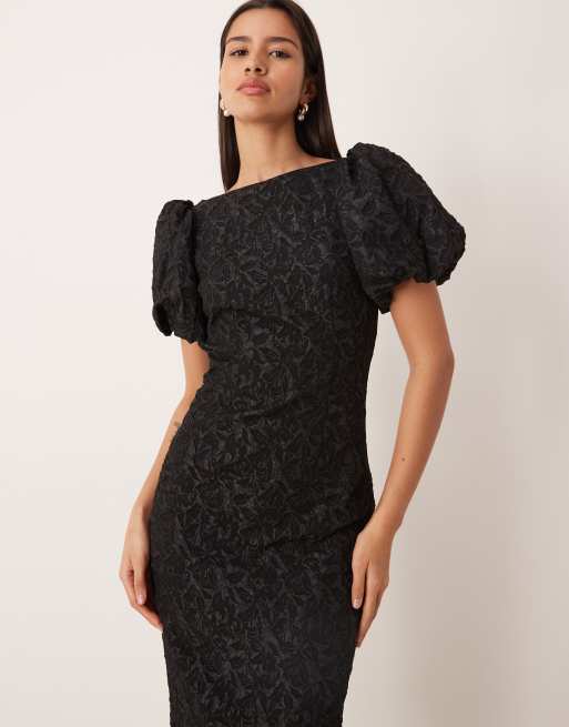 Gina Tricot - Vestito midi nero jacquard con maniche a sbuffo, 2 di 4