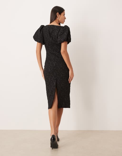 Gina Tricot - Vestito midi nero jacquard con maniche a sbuffo, 3 di 4