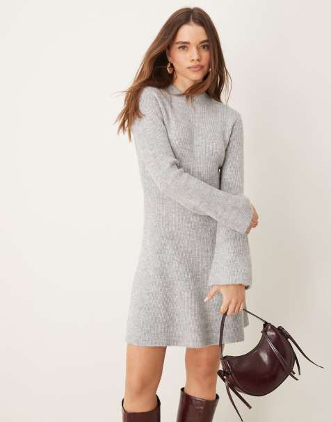 Gina Tricot - Vestito skater corto girocollo in maglia grigio mélange a coste - view 1