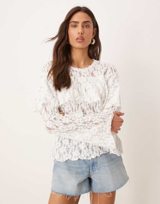Gina Tricot - Vintage-hvid top med lange ærmer, bølgekant og kappedetalje i jersey