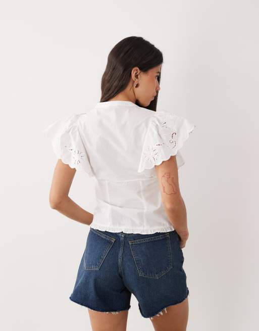 Gina Tricot – Vit, broderad blus i bomull med puffärmar, 4 av 4