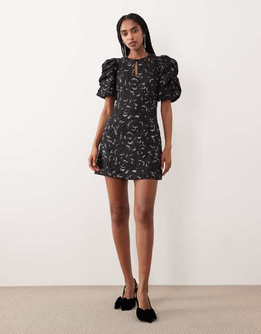 Gina Tricot volume balloon sleeve rose brocade mini dress with