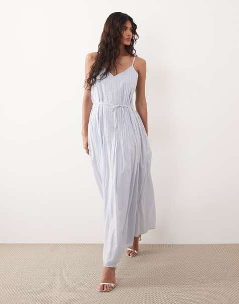 Gina Tricot – Voluminöses Riemchen-Maxikleid aus reiner Baumwolle in Hellblau mit V-Ausschnitt - view 1