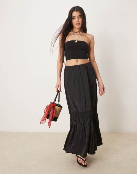 Gina Tricot tiered maxi skirt with lace insert in black