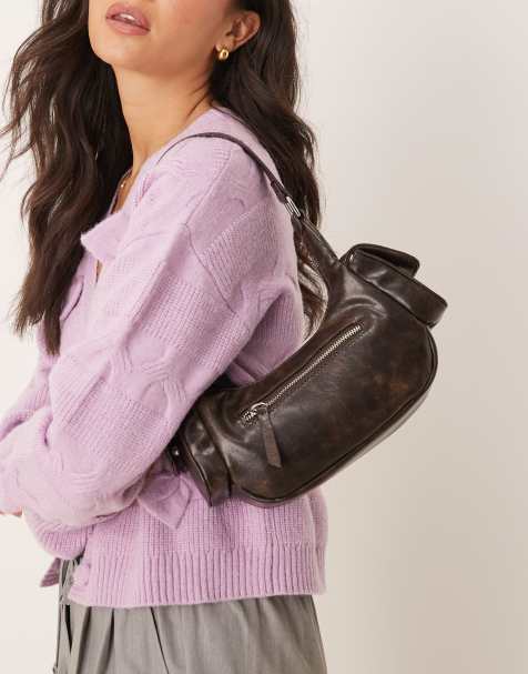 Gina Tricot washed faux leather shoulder bag with multi pocket in dark brown - view 1