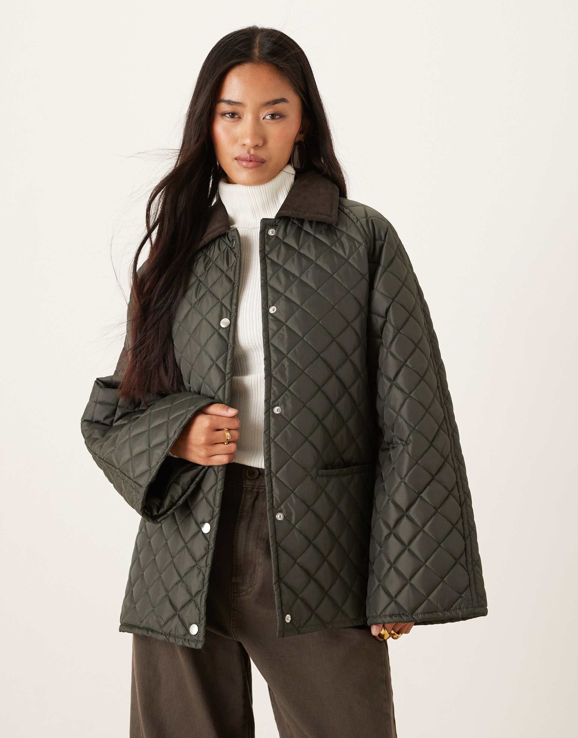 gina tricot waxed effect short jacket in dark khaki green with contrast cord collar