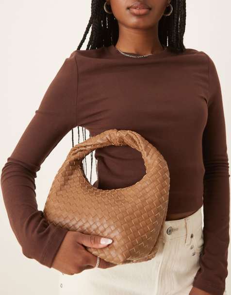 Gina Tricot weave slouch tote bag with twisted handle in light brown - view 1