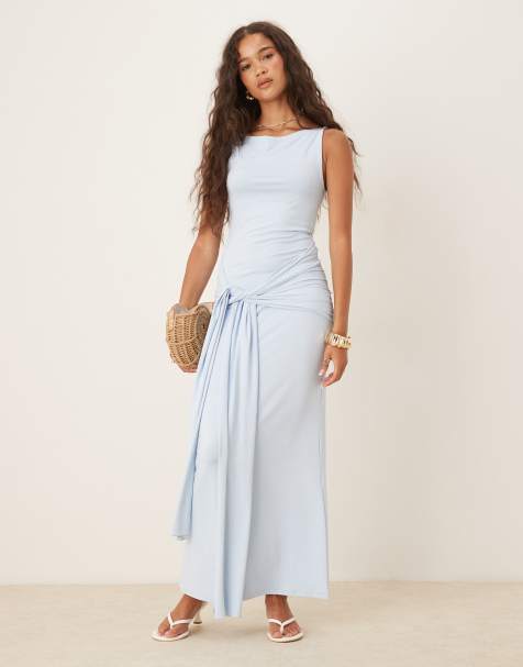 Gina Tricot – Weiches Maxikleid in Hellblau mit geschnürter Vorderseite mit Zierknoten - view 1