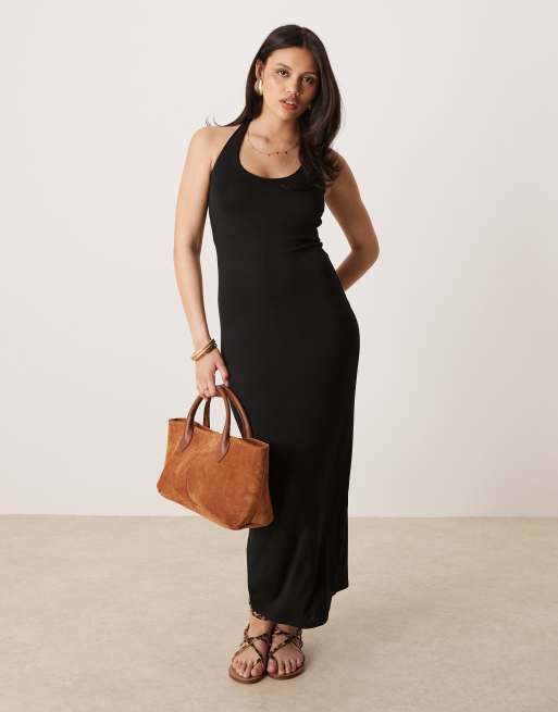 Gina Tricot – Wiązana czarna sukienka midaxi z dekoltem typu halter bez pleców