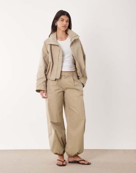 Gina Tricot wide balloon cotton rich pants in khaki beige - part of a set - view 1