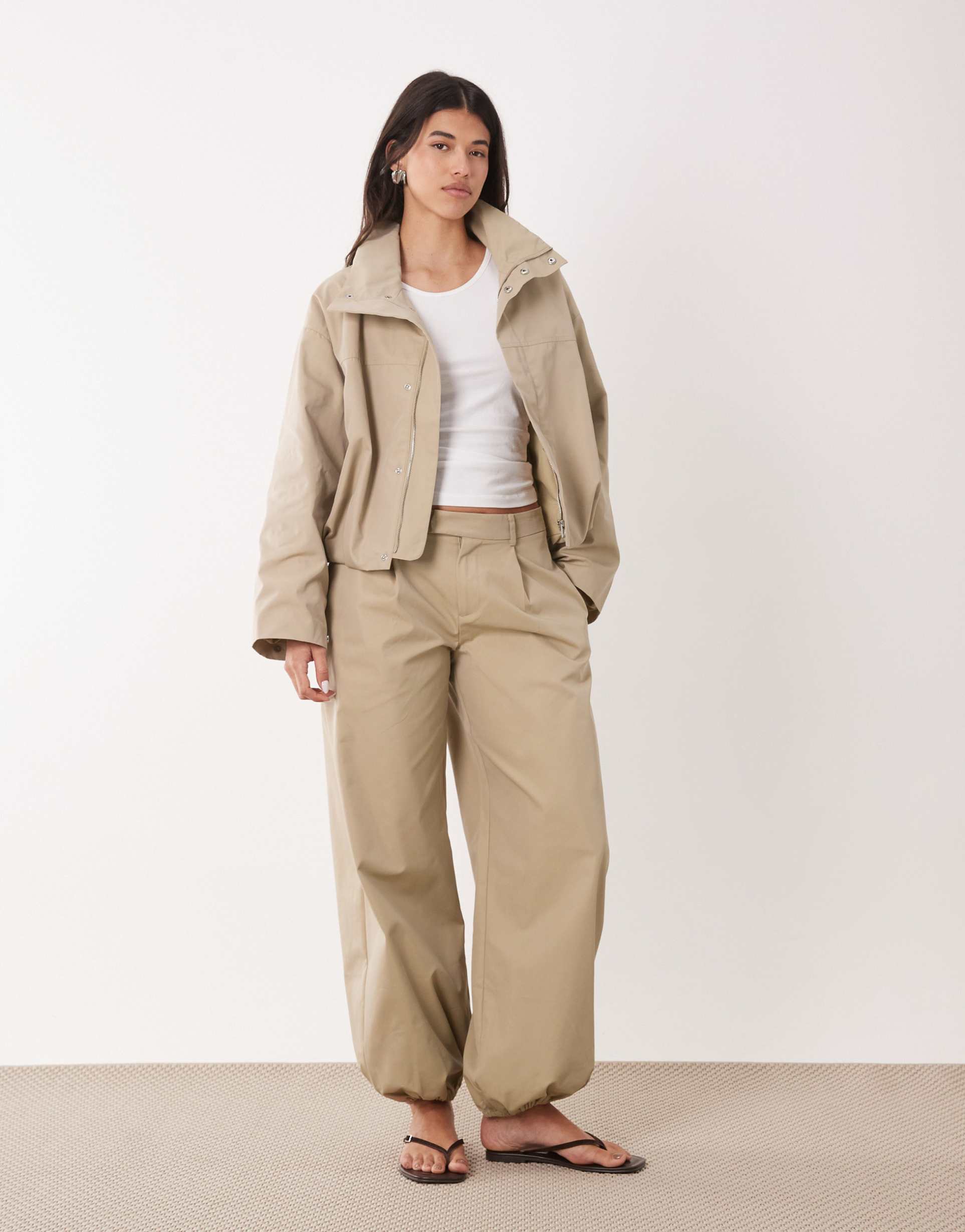 gina tricot wide balloon cotton rich pants in khaki beige - part of a set