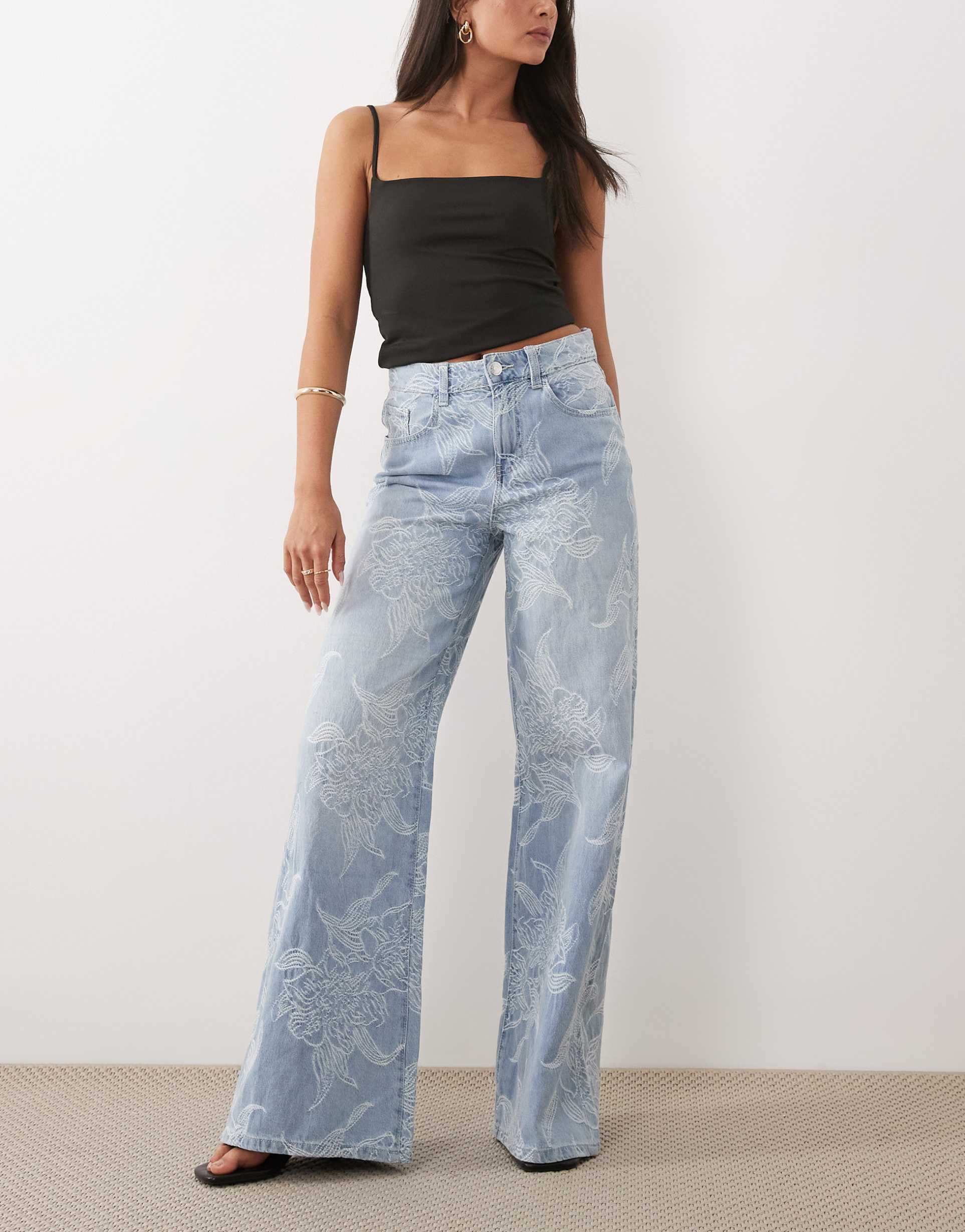 gina tricot wide leg embroidered jeans in light wash blue