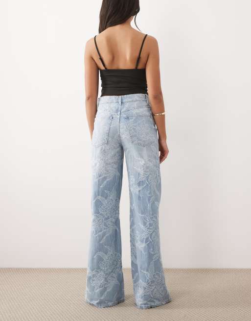Gina Tricot wide leg embroidered jeans in light wash blue, 2 of 5