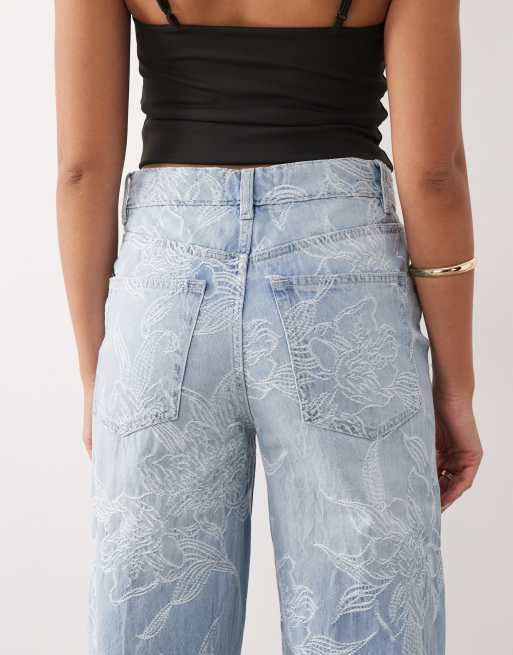 Gina Tricot wide leg embroidered jeans in light wash blue, 4 of 5