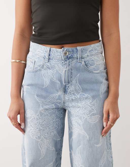 Gina Tricot wide leg embroidered jeans in light wash blue, 5 of 5