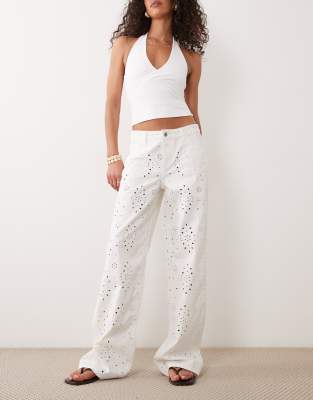 Gina Tricot Wide Leg Eyelet Jeans In Neutral