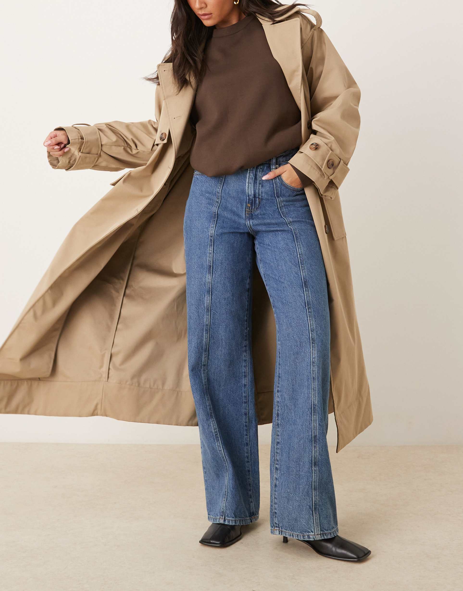 gina tricot wide leg front seam detail jeans in midwash blue