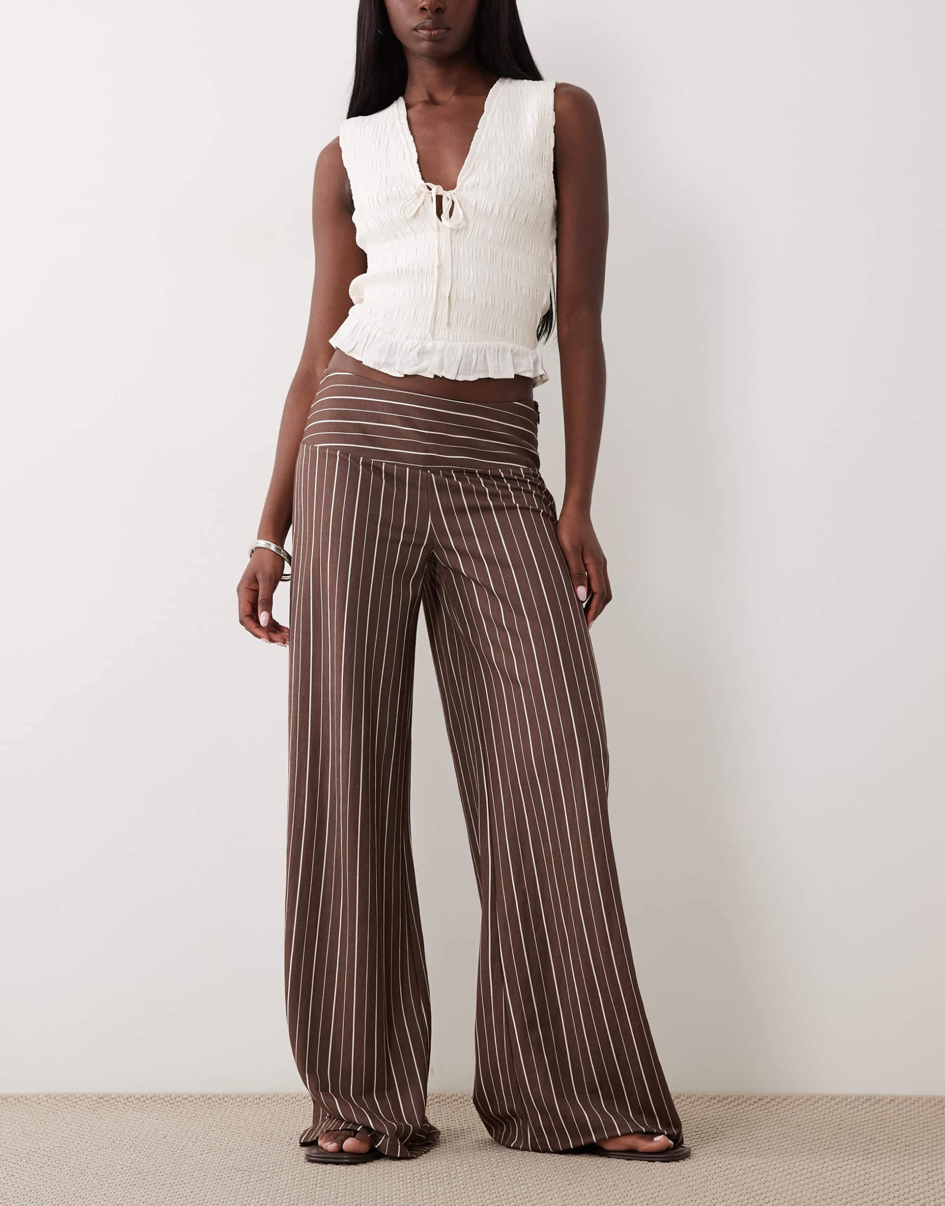 gina tricot wide leg jersey pants in brown stripe