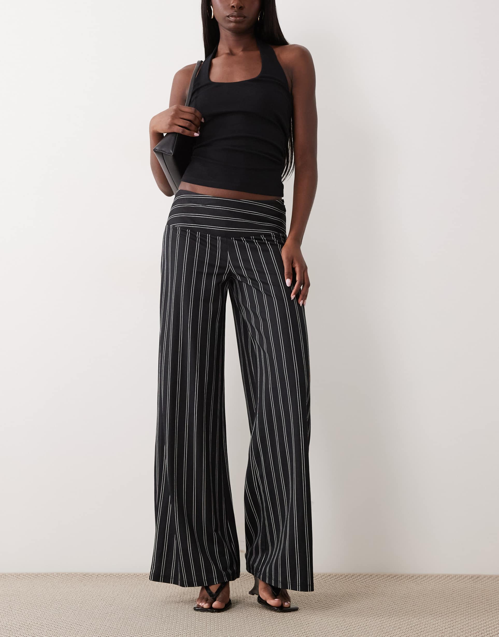 gina tricot wide leg jersey pants in white and black stripes