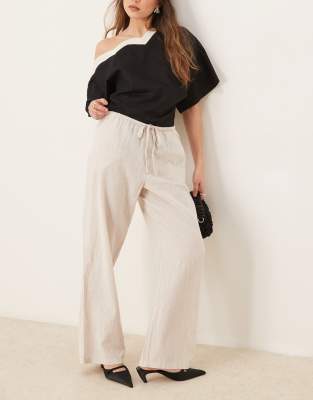 wide leg linen blend pants with drawstring waist in beige-White