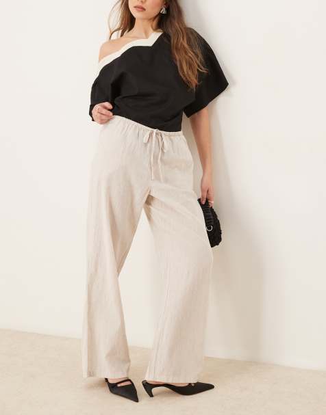 Gina Tricot wide leg linen blend pants with drawstring waist in beige - view 1