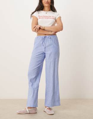 wide leg linen blend pants with drawstring waist in blue and white stripes-Navy