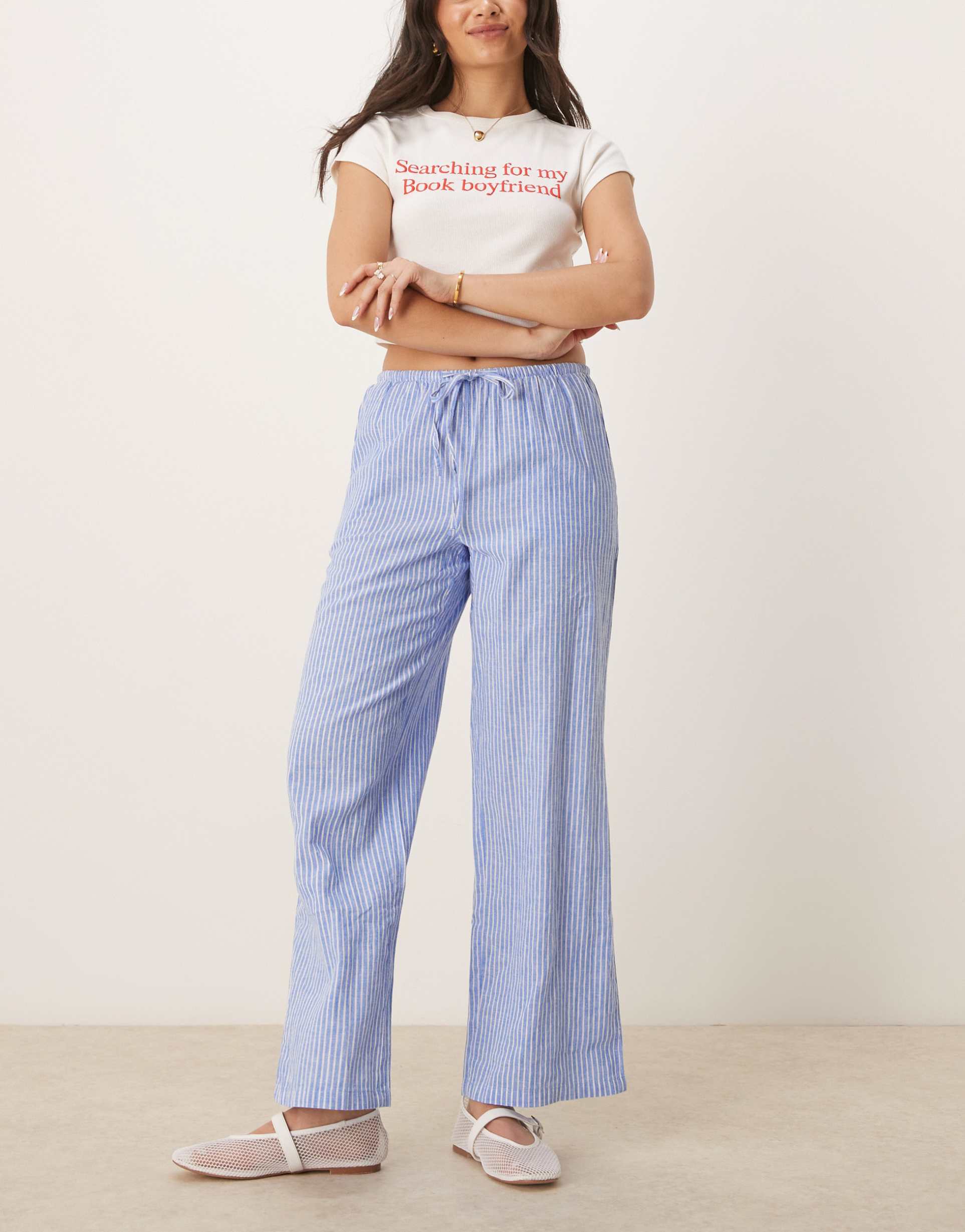 gina tricot wide leg linen blend pants with drawstring waist in blue and white stripes