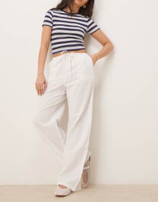 wide leg linen blend pants with drawstring waist in white