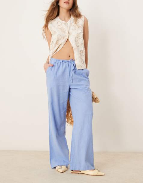 Gina Tricot wide leg linen blend trousers with drawstring waist in blue - view 1