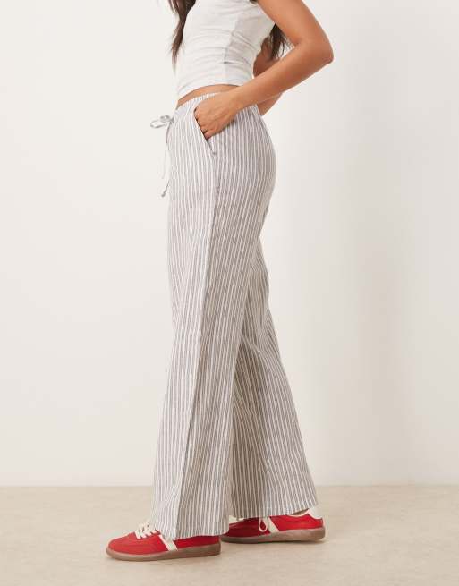 Gina Tricot wide leg linen pants with drawstring waist in grey stripe