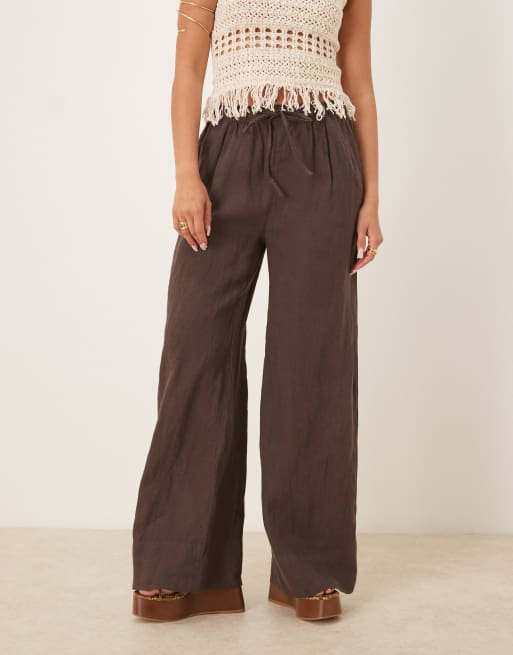 Gina Tricot wide leg linen trousers in brown, 3 of 5