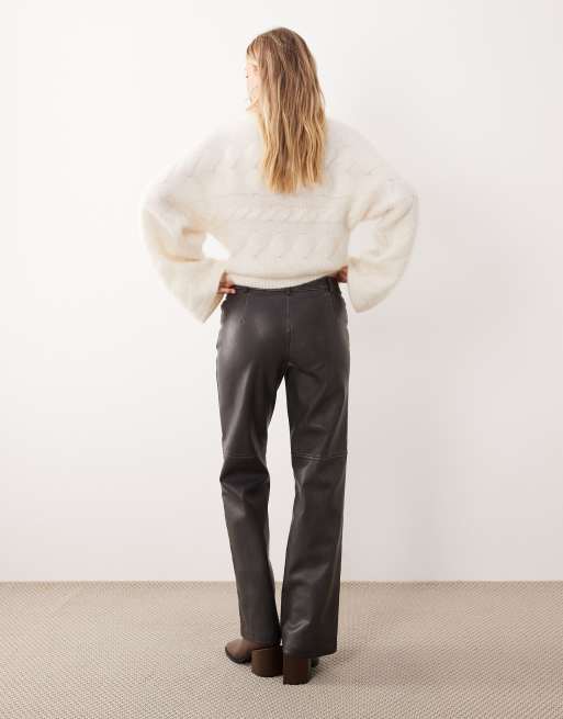 Gina Tricot wide leg PU pants in washed black, 4 of 5