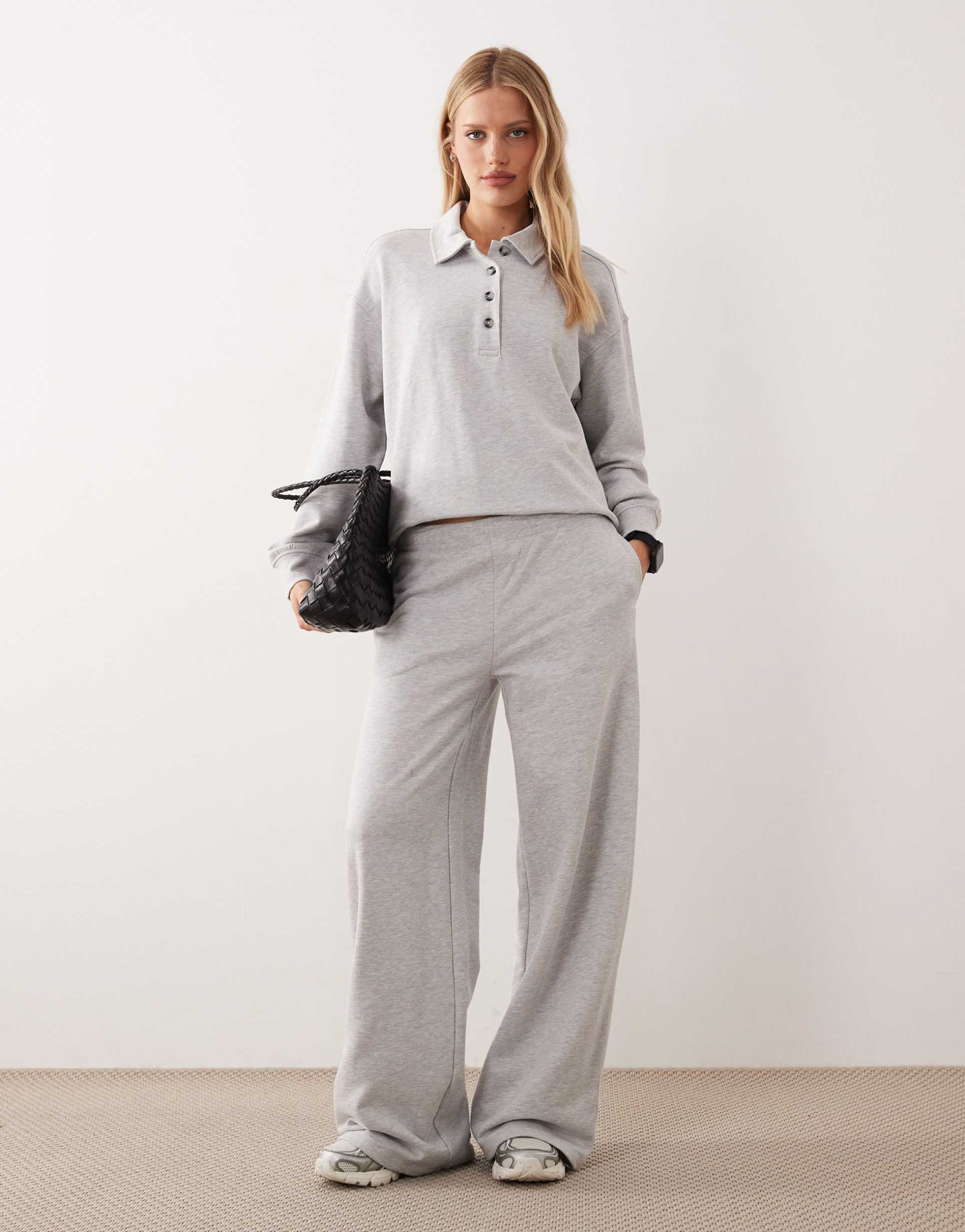 gina tricot wide leg sweatpant bottoms in heather gray - part of a set