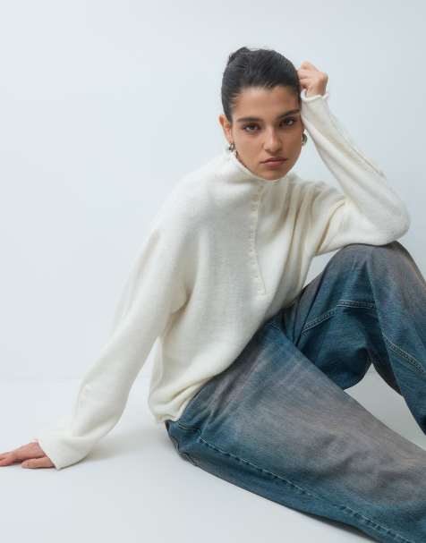 Gina Tricot wide sleeve high neck knitted top with button detail in cream - view 1