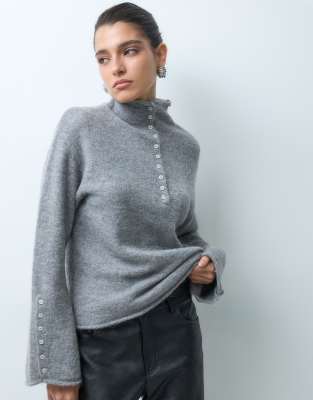 Gina Tricot wide sleeve high neck knitted top with button detail in gray | ASOS