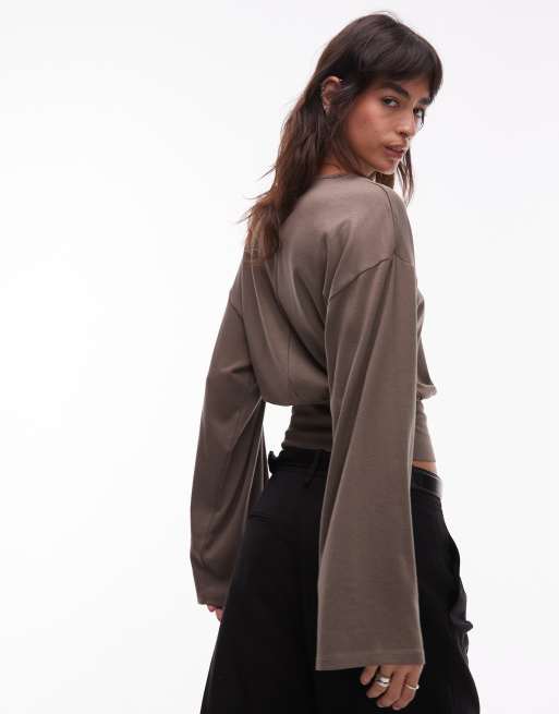 Gina Tricot wide sleeve top in light brown