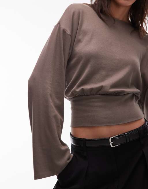Gina Tricot wide sleeves top in light brown, 3 of 4