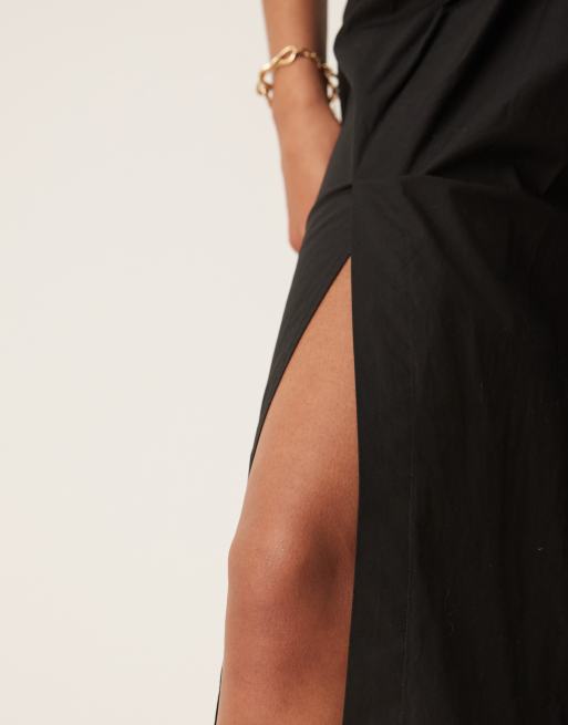Gina Tricot - Wijde maxi rok van poplin met split in zwart, 4 van 5