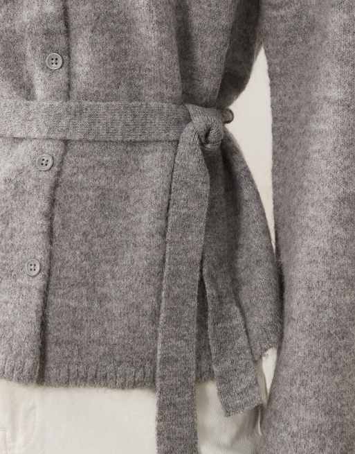Gina Tricot wollen alpaca gebreid vest met striksluiting in middengrijs gemêleerd, 2 van 4