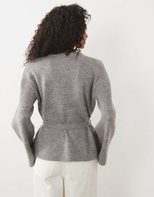 Gina Tricot wollen alpaca gebreid vest met striksluiting in middengrijs gemêleerd, 4 van 4