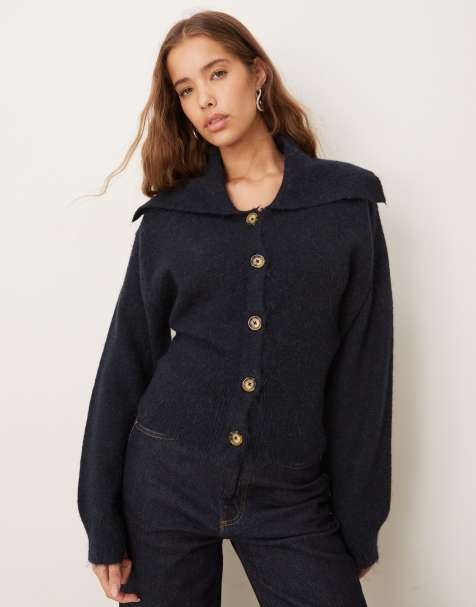 Gina Tricot wool alpaca blend ribbed waist knit cardigan in navy - view 1