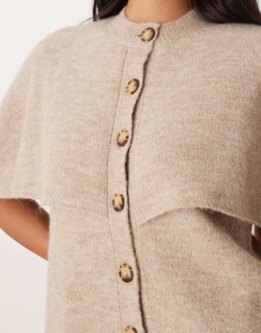 Gina Tricot wool alpaca knitted cape cardigan in mole brown