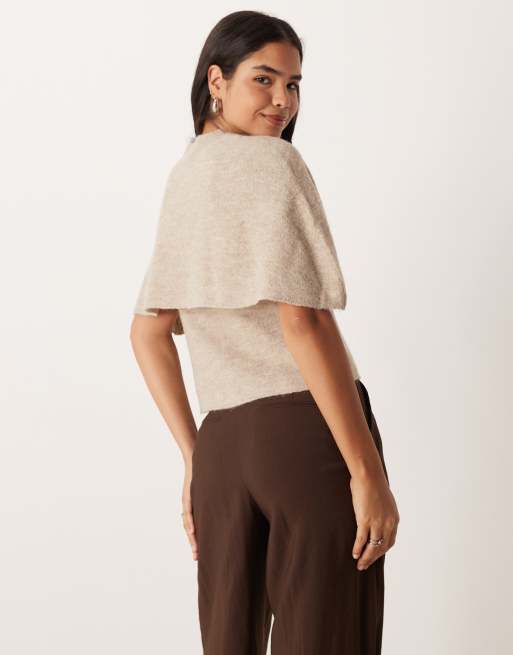 Gina Tricot wool alpaca knitted cape cardigan in mole brown