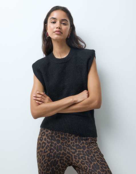 Gina Tricot wool alpaca knit sleeveless top with shoulder pads in black - view 1